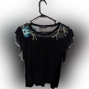 Kim & Cami Black Top with Blue Floral Embroidery